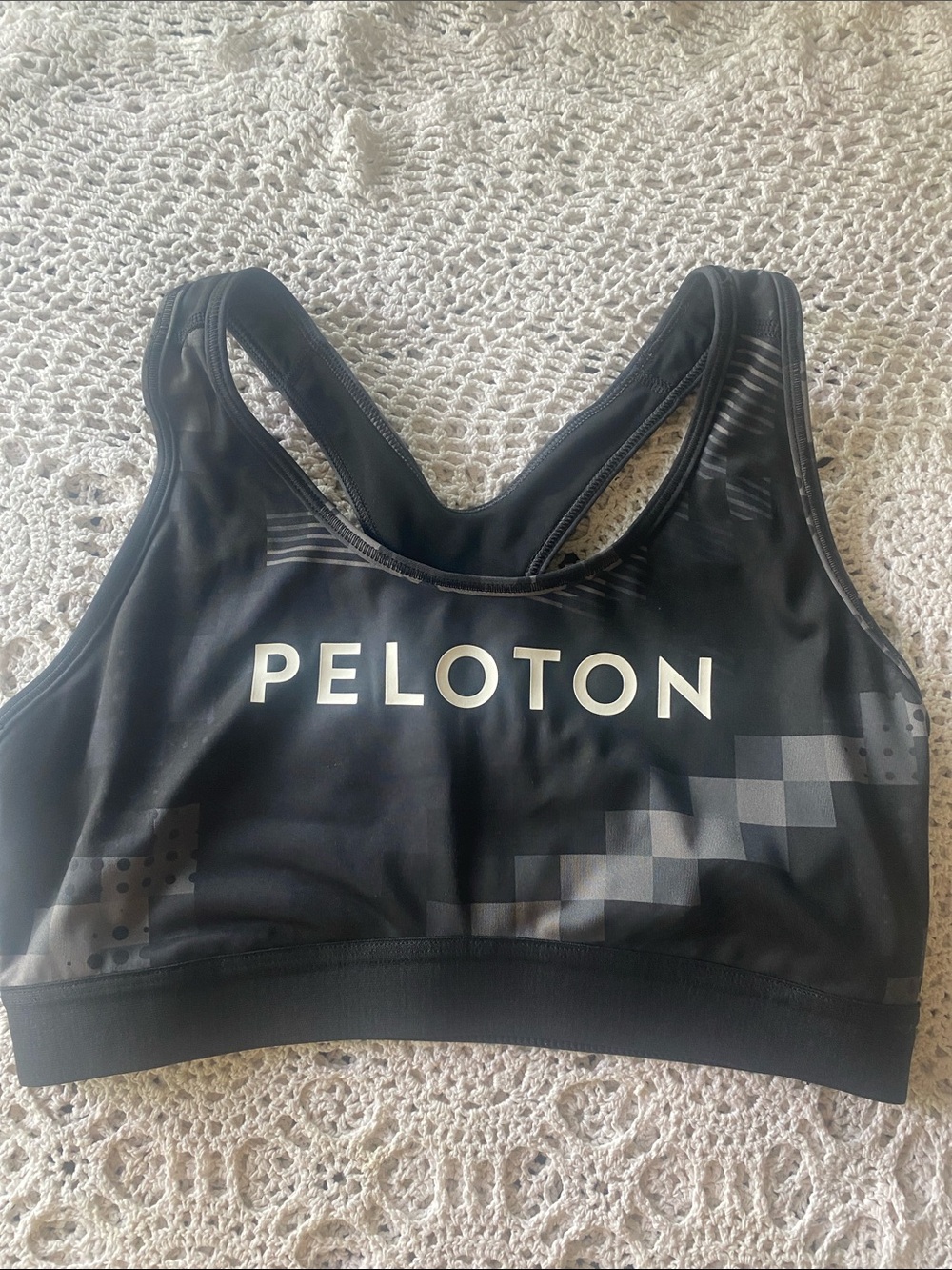 Peloton Black Sports Bra with Gray Geometric Accent Size L